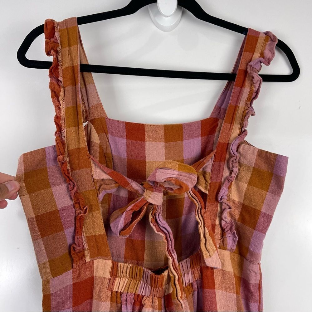 ModCloth Princess Highway Linen Prairie Jumpsuit S Orange Check Boho Ruffle - Picture 13 of 15